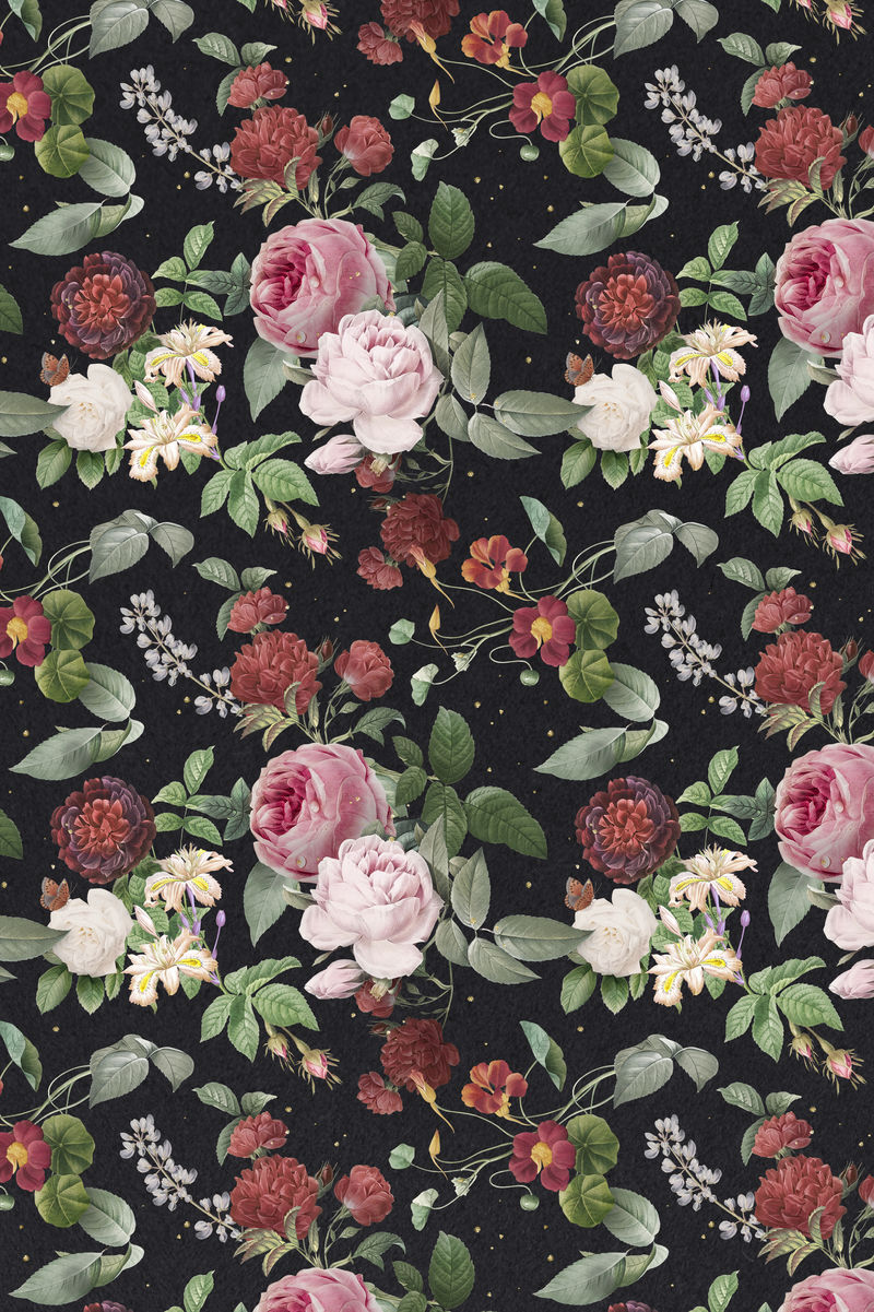 粉红玫瑰和牡丹psd花卉图案复古插图