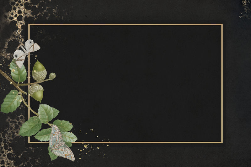 手绘橡木叶图案黑色背景插图上有矩形金框
