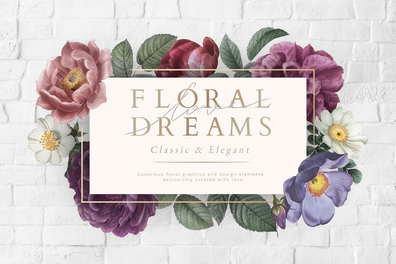 白色砖墙插画上的花卉梦