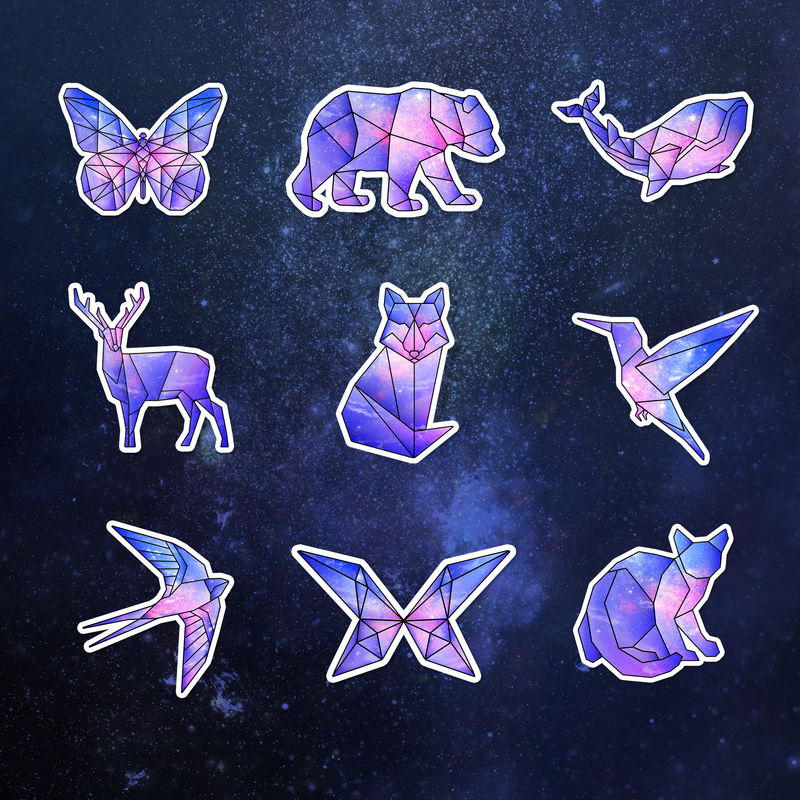 银河图案几何结晶动物贴纸套装