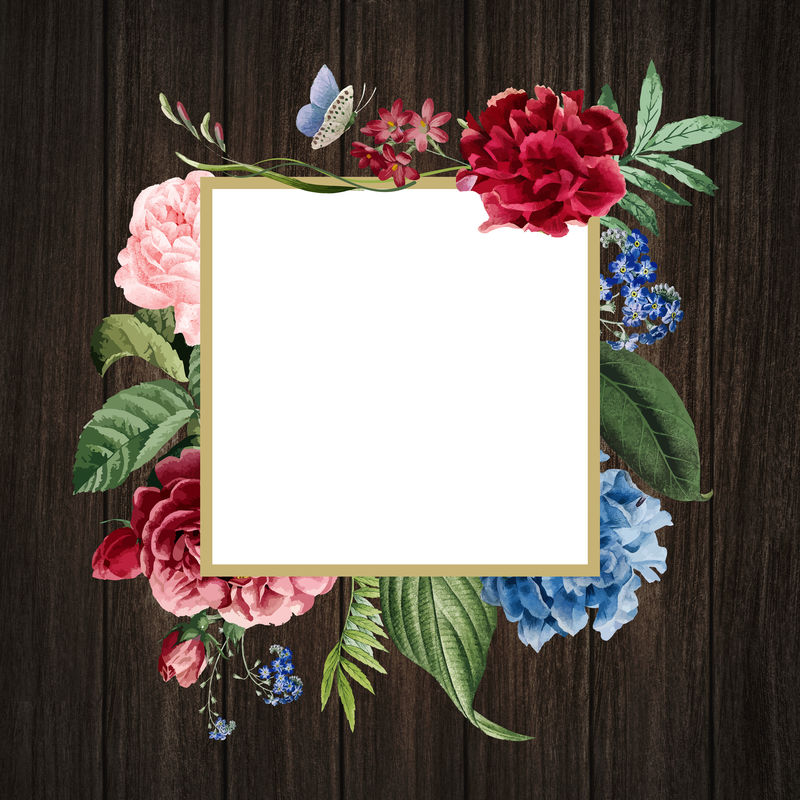 木制背景插图上的方形花框