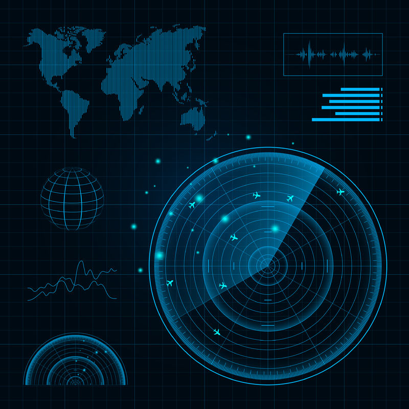 带世界军事信息图的蓝色雷达屏幕psd