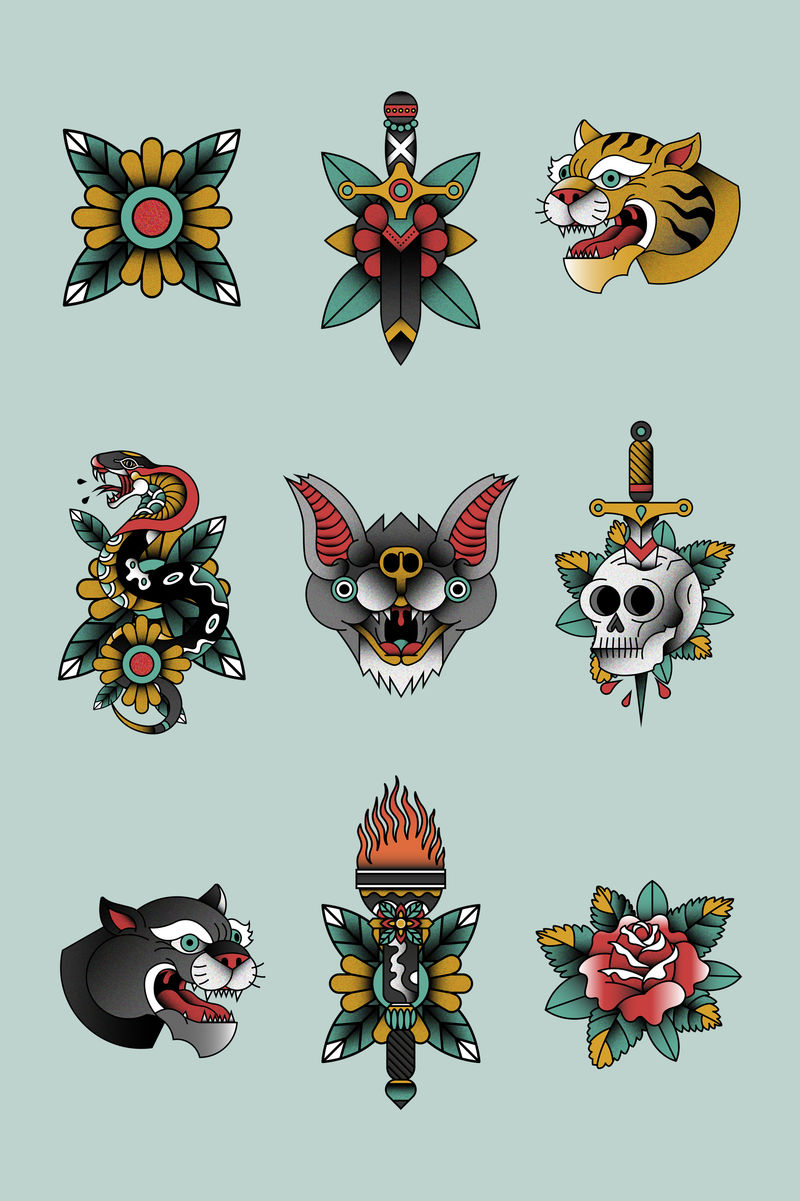 传统的老式贴纸设置在蓝色背景插图上