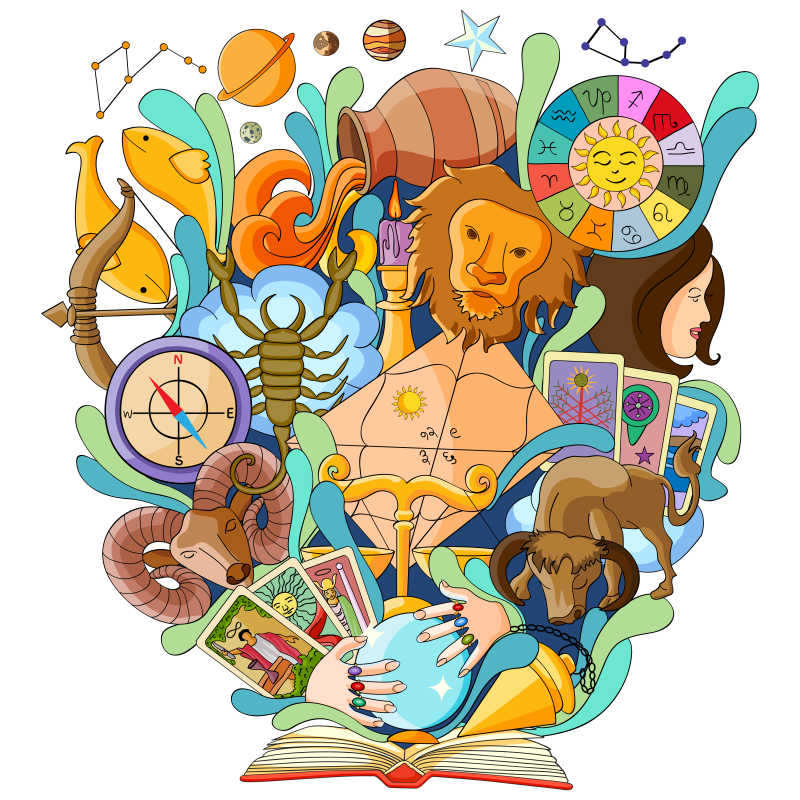 占星术知识相关的书籍矢量插画