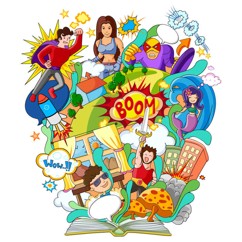 漫画与超级英雄知识书矢量插画
