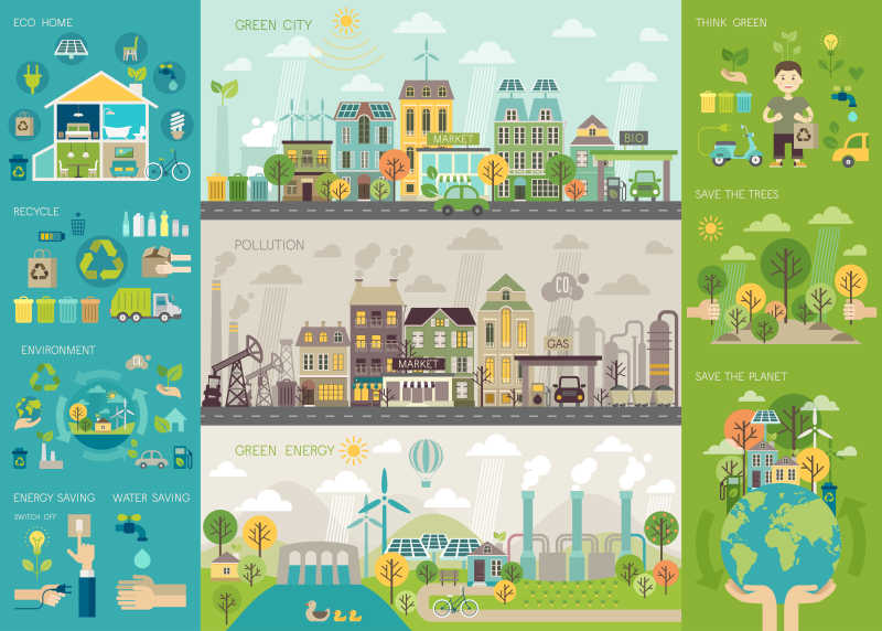 绿色城市生活矢量卡通插画