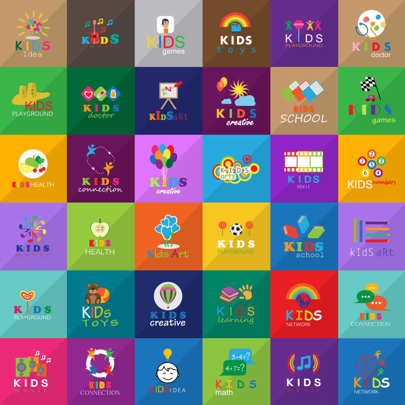 彩色背景上的儿童风格的矢量图标设计