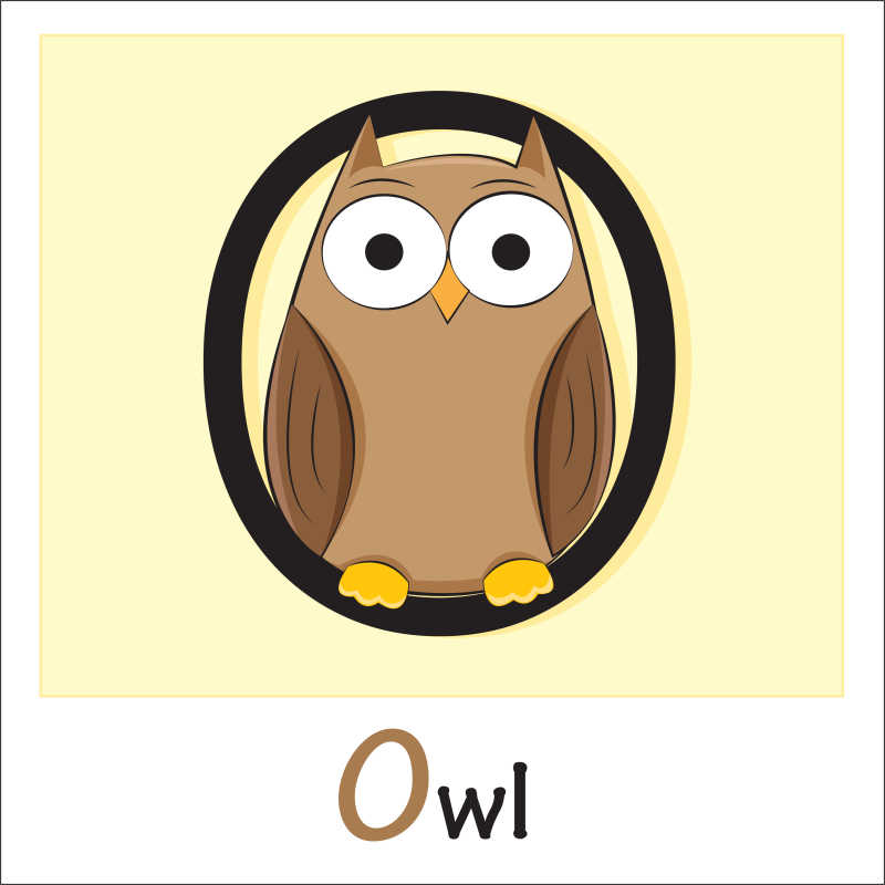 矢量卡通猫头鹰和字母插图