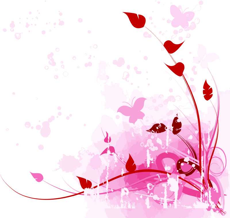 粉色盛开的花和蝴蝶矢量插图
