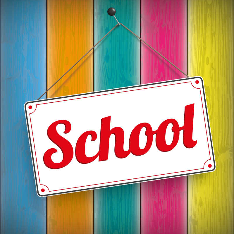 彩色木板上的学校标签矢量海报设计模板