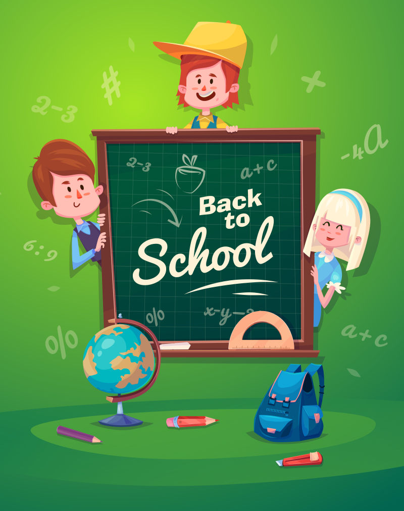 快乐的站在黑板前的学生矢量插图