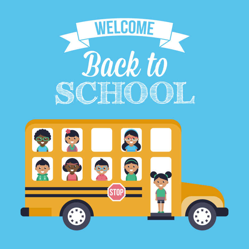 校车与儿童返校矢量海报设计