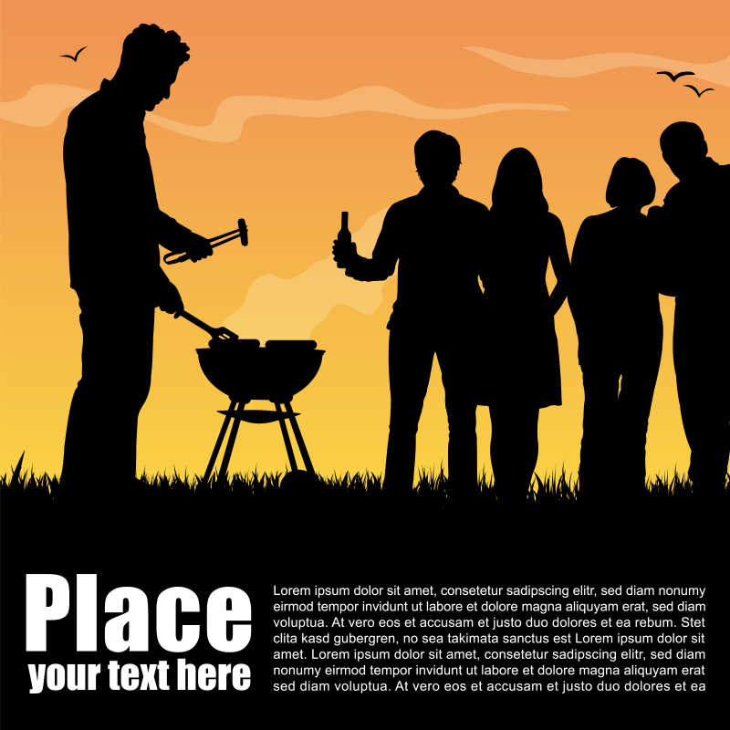 夕阳下野餐的家庭剪影矢量插画