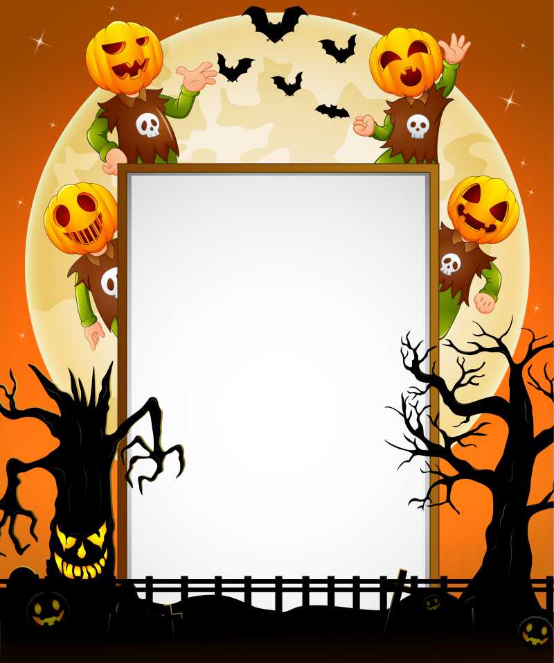 戴南瓜面具的孩子万圣节矢量边框