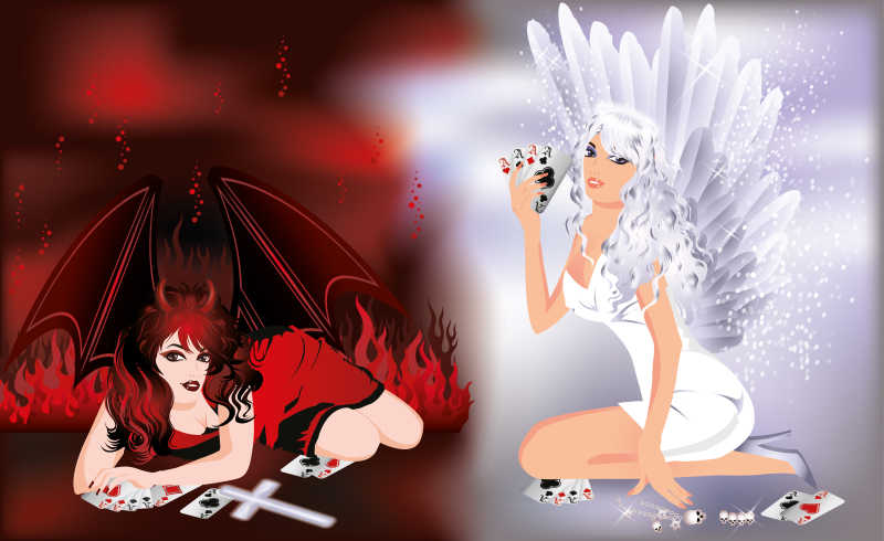 矢量玩扑克的天使和恶魔时尚卡通插图