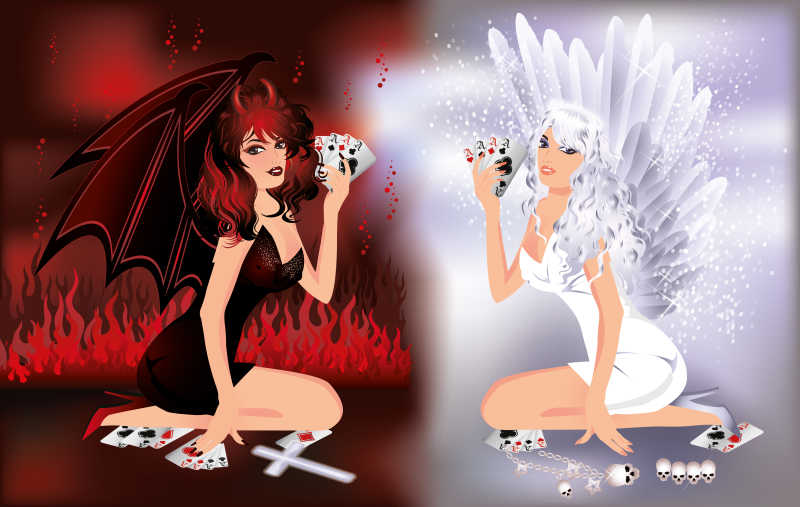  天使恶魔一起玩扑克的时尚卡通矢量插图