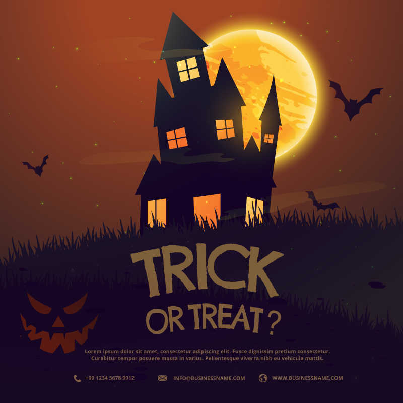 有阴森房子的万圣节主题海报矢量插图