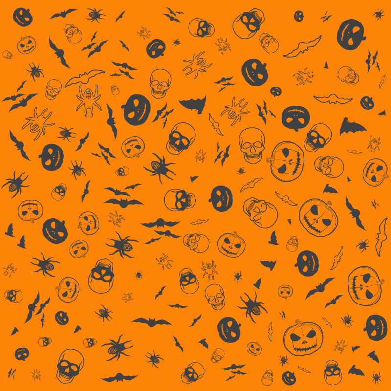 橙色背景上黑色万圣节图案矢量背景