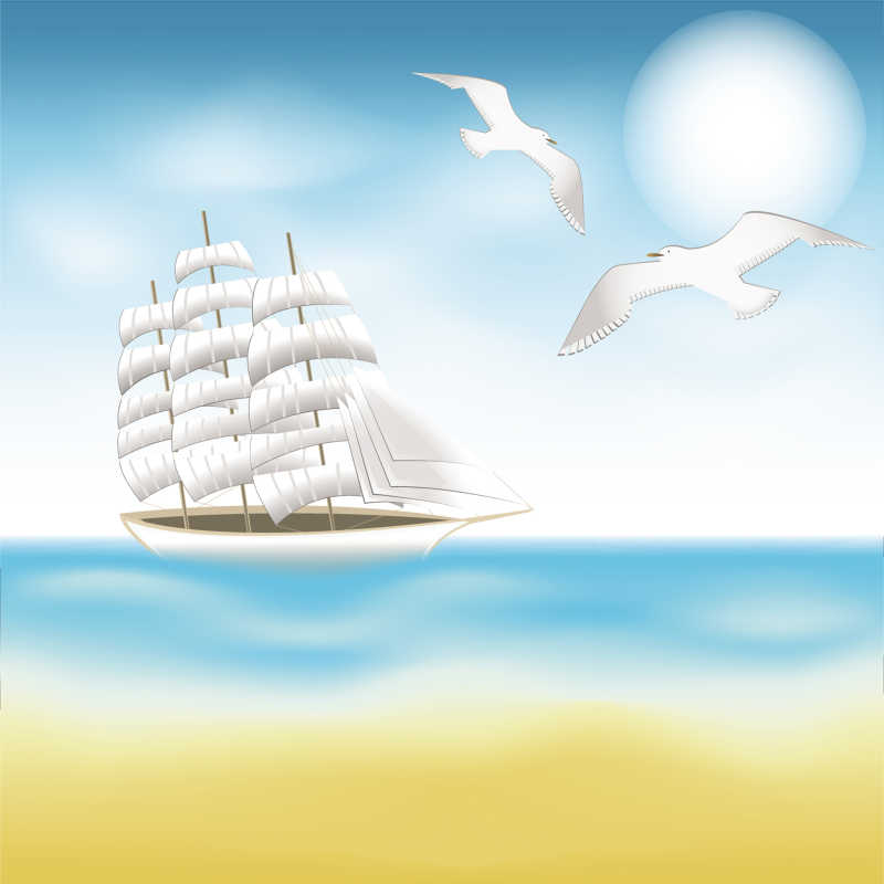 矢量帆船和海鸥
