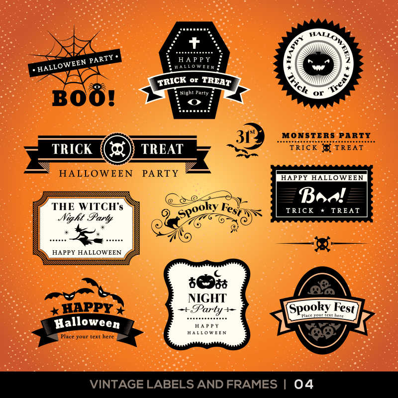 橙色背景上的万圣节标签矢量图标