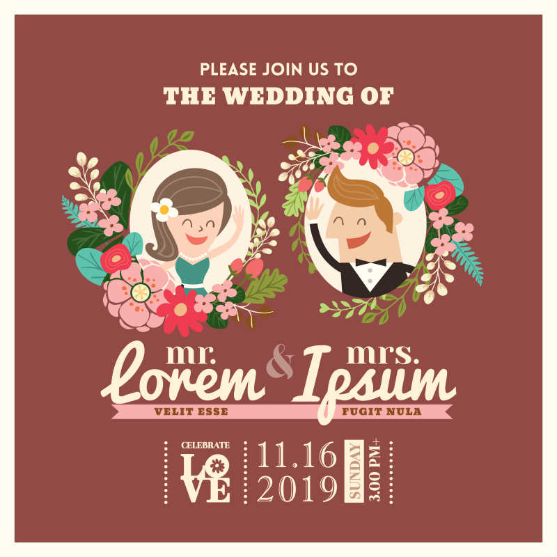 可爱新郎新娘卡通婚纱邀请卡设计矢量模板