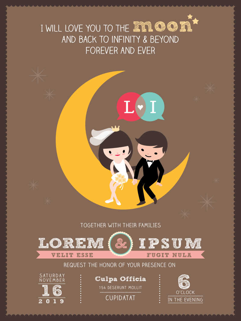 卡通可爱的婚礼邀请卡矢量模板