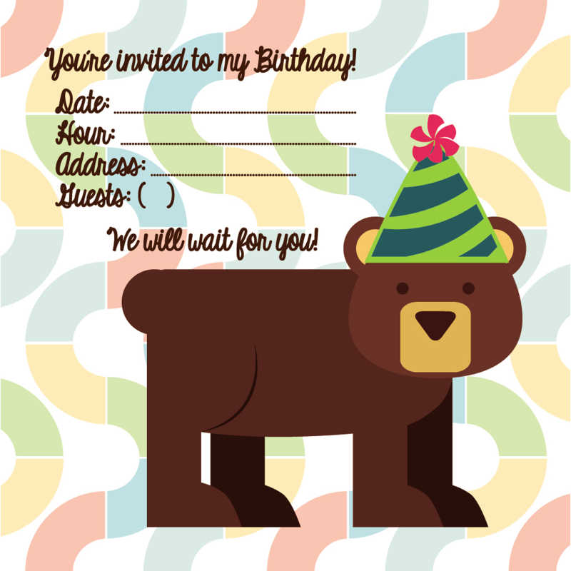 矢量生日邀请函模板有棕熊图案