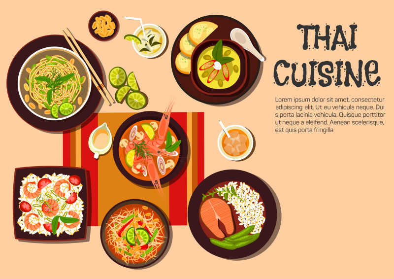 流行的泰式菜肴矢量插画