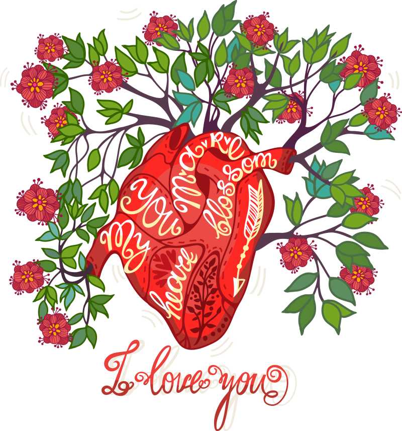 心脏与鲜花创意矢量插画