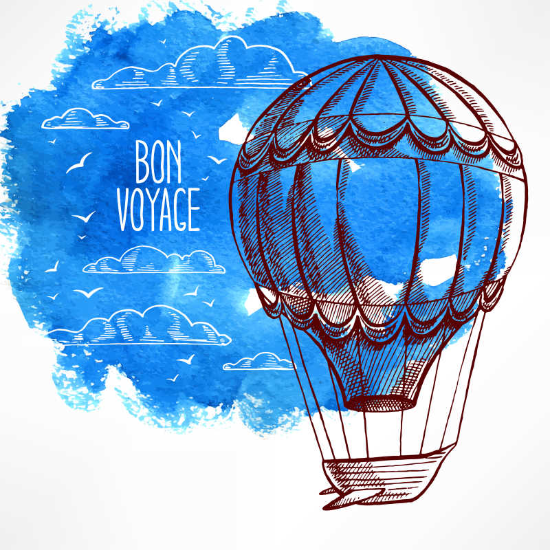 蓝色水彩背景下的热气球矢量模板