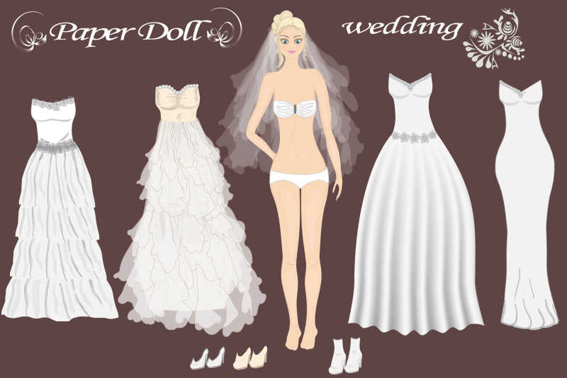 娃娃新娘穿衣游戏的矢量卡通插图