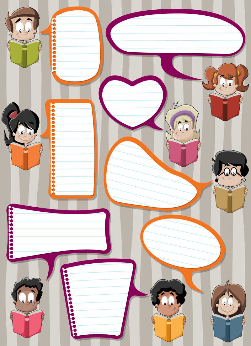 矢量卡通看书的儿童和对话框