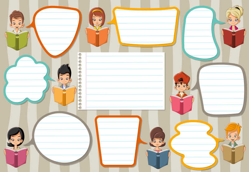 有对话框的看书的儿童矢量卡通插图