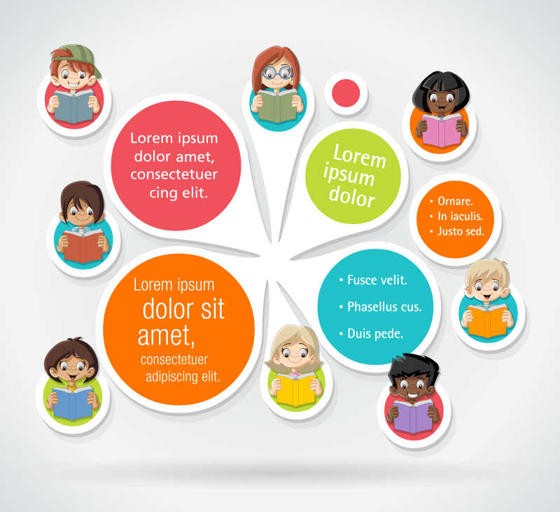 有卡通学生的阅读模板矢量插图