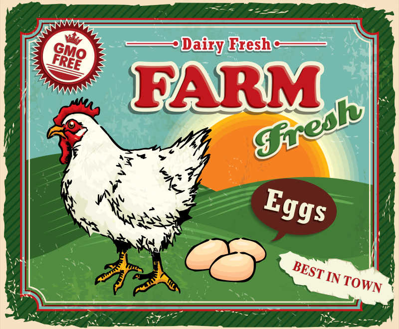 老式养鸡场创意图标海报设计