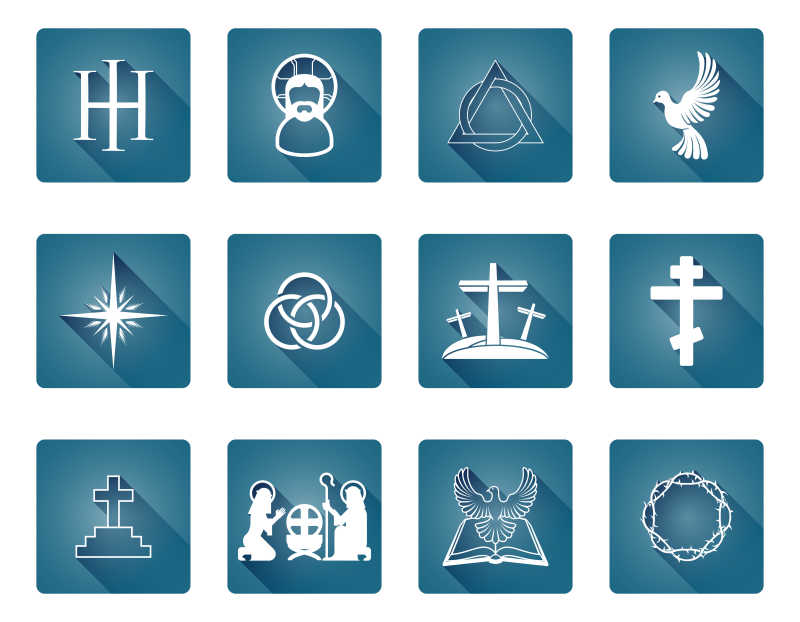 蓝底的一套基督教宗教图标和符号矢量图