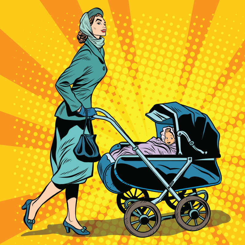 妈妈和婴儿车美式漫画风格矢量插图