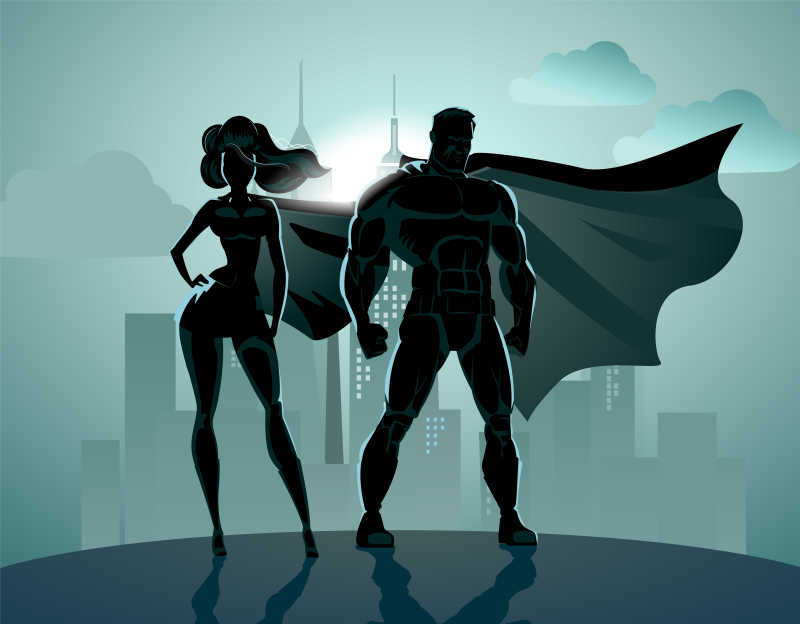夜市背景下的超级英雄夫妇矢量插画