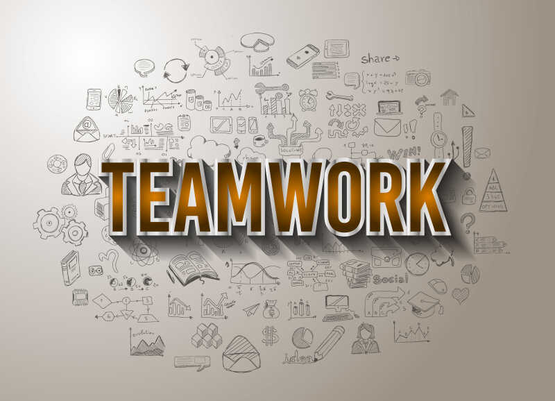 矢量团队合作的成功与涂鸦设计风格插图