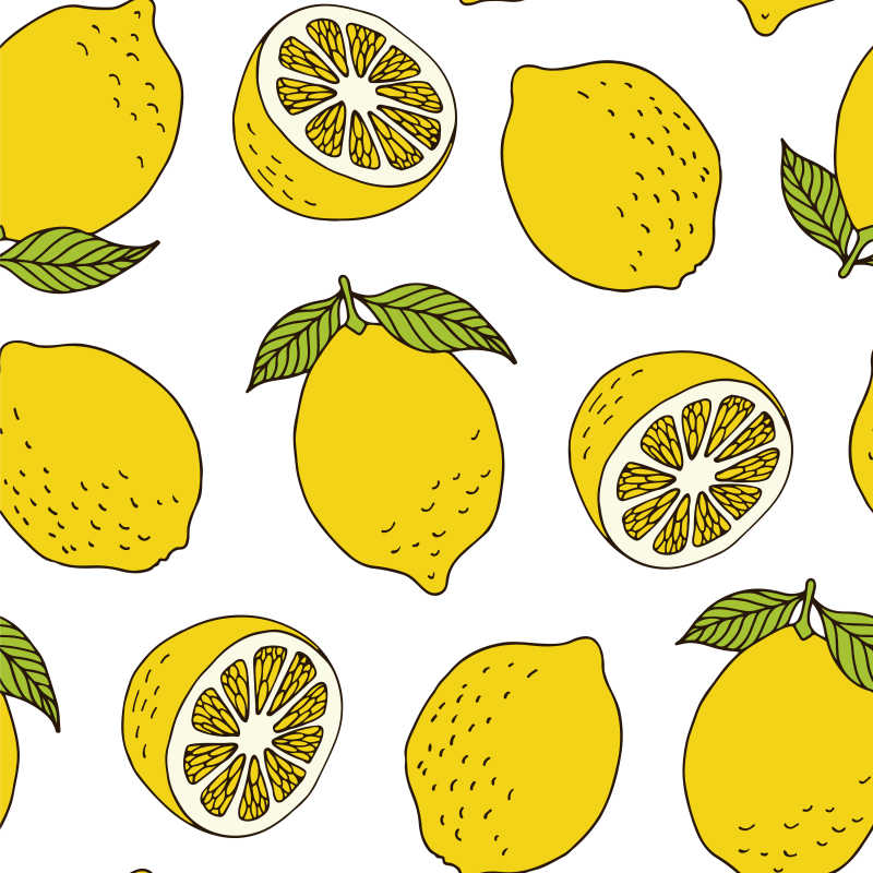 白色背景上黄色柠檬的无缝图案矢量背景