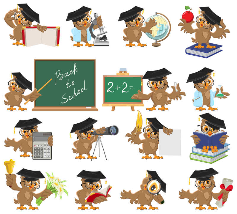 戴着学士帽的猫头鹰矢量卡通插画