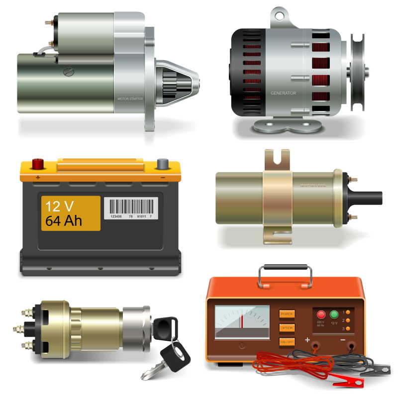 白色背景下的矢量电动汽车零部件图标