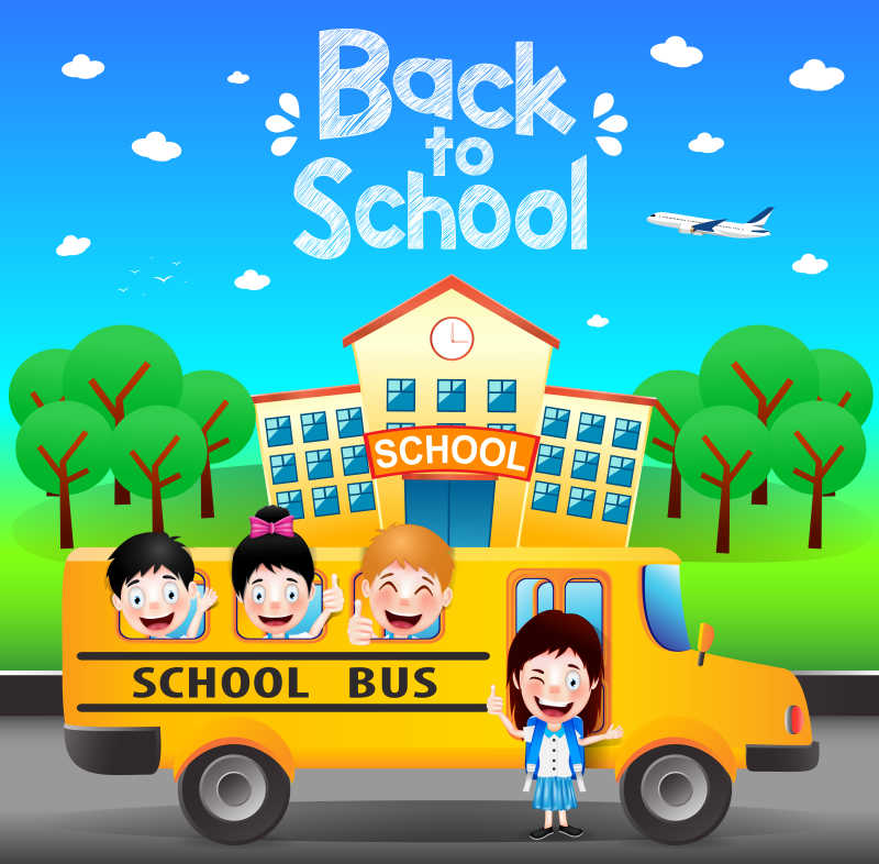 乘校车的快乐的的孩子矢量插图