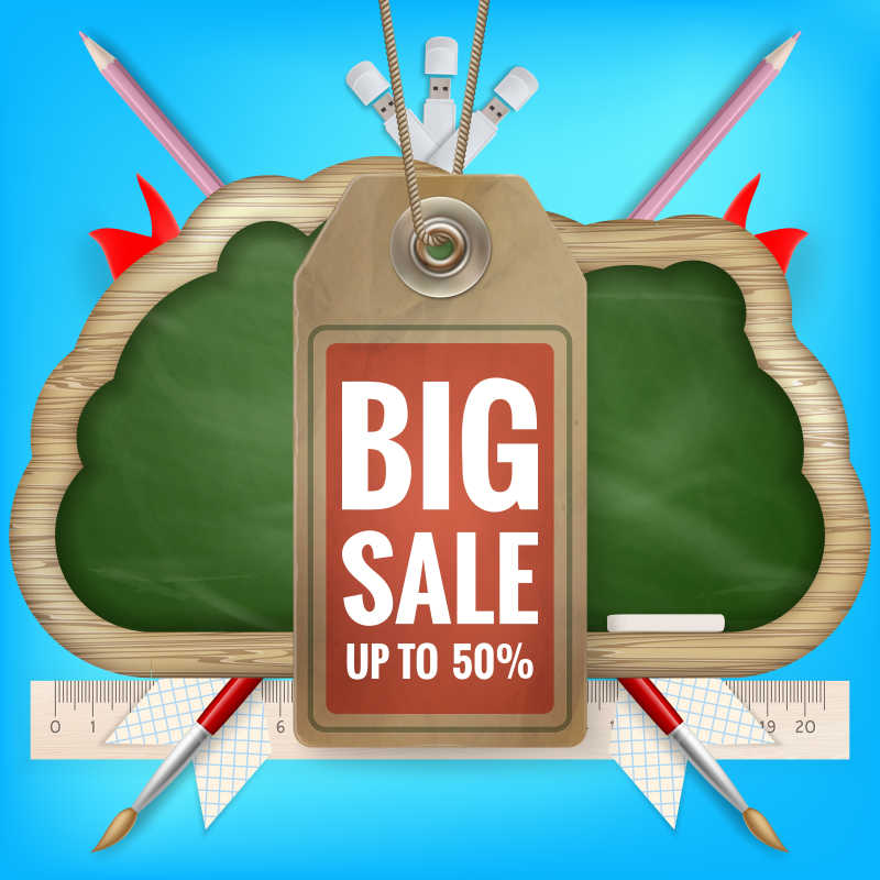 小黑板前挂着的折扣标签矢量插画