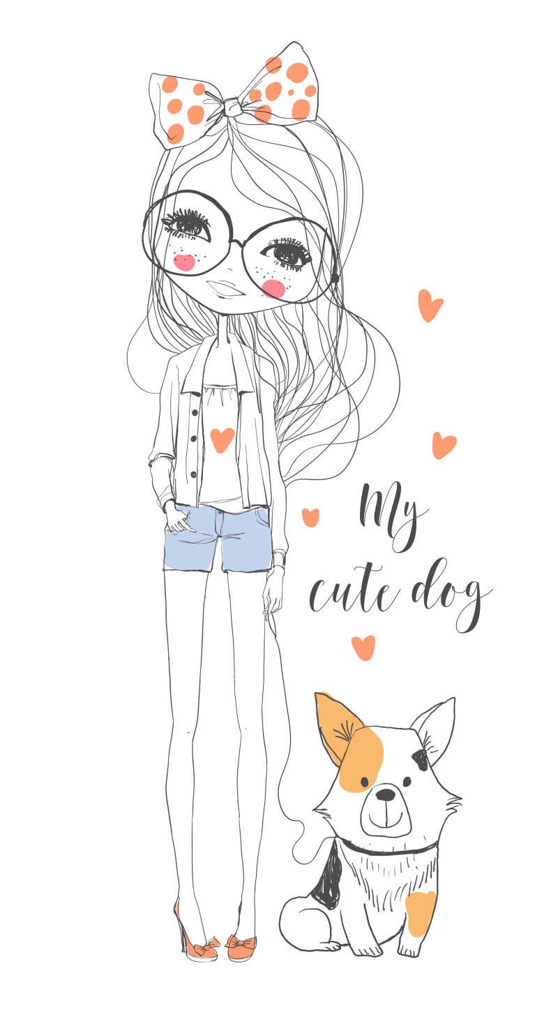 牵着小狗的可爱女孩矢量插画