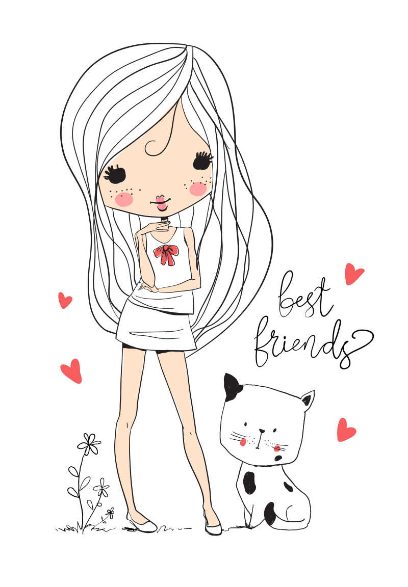 可爱的手绘女孩矢量插画