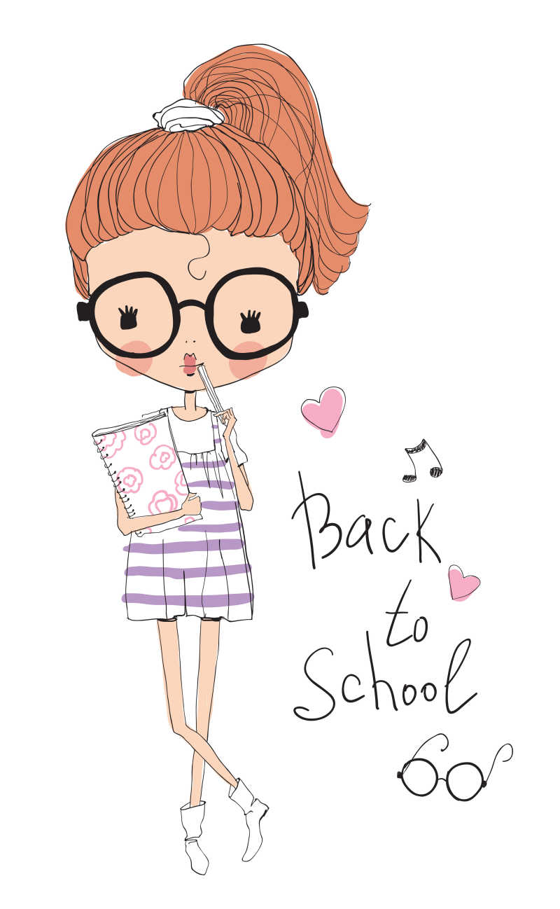 拿着本子的可爱女孩矢量插画