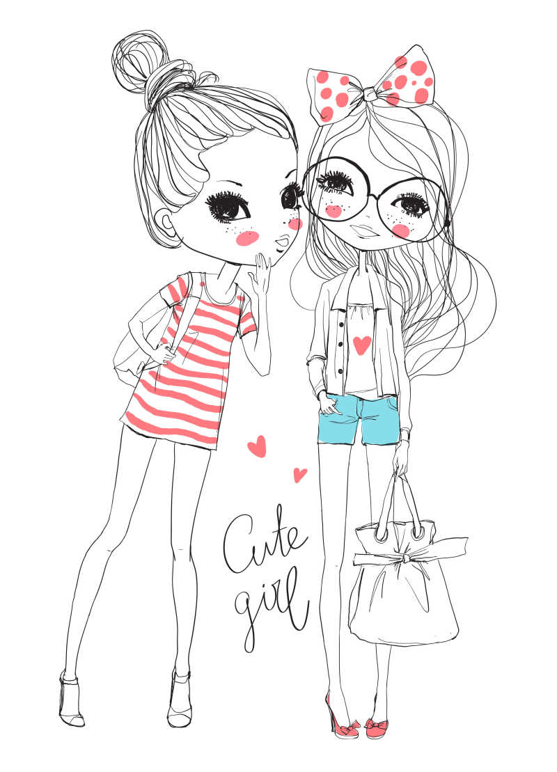 两个可爱的小女孩矢量插画