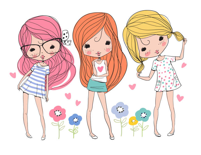 不同发色的女孩矢量手绘插画