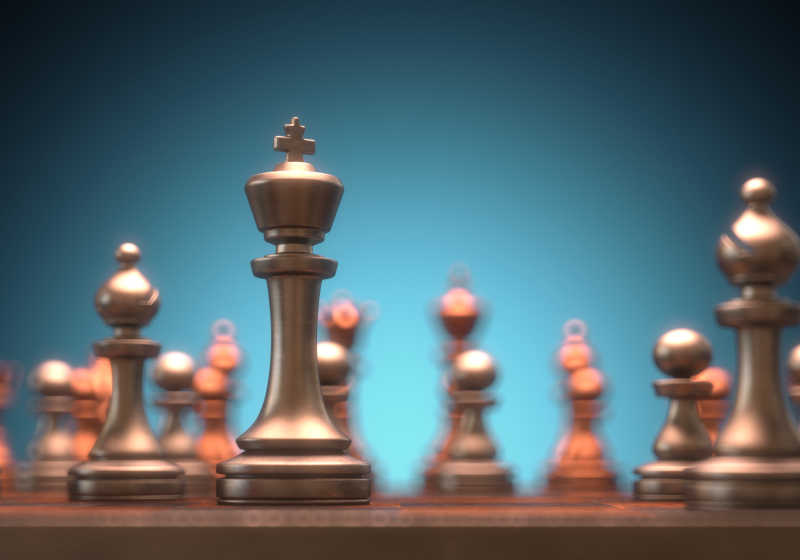 国际棋盘上的金属棋子